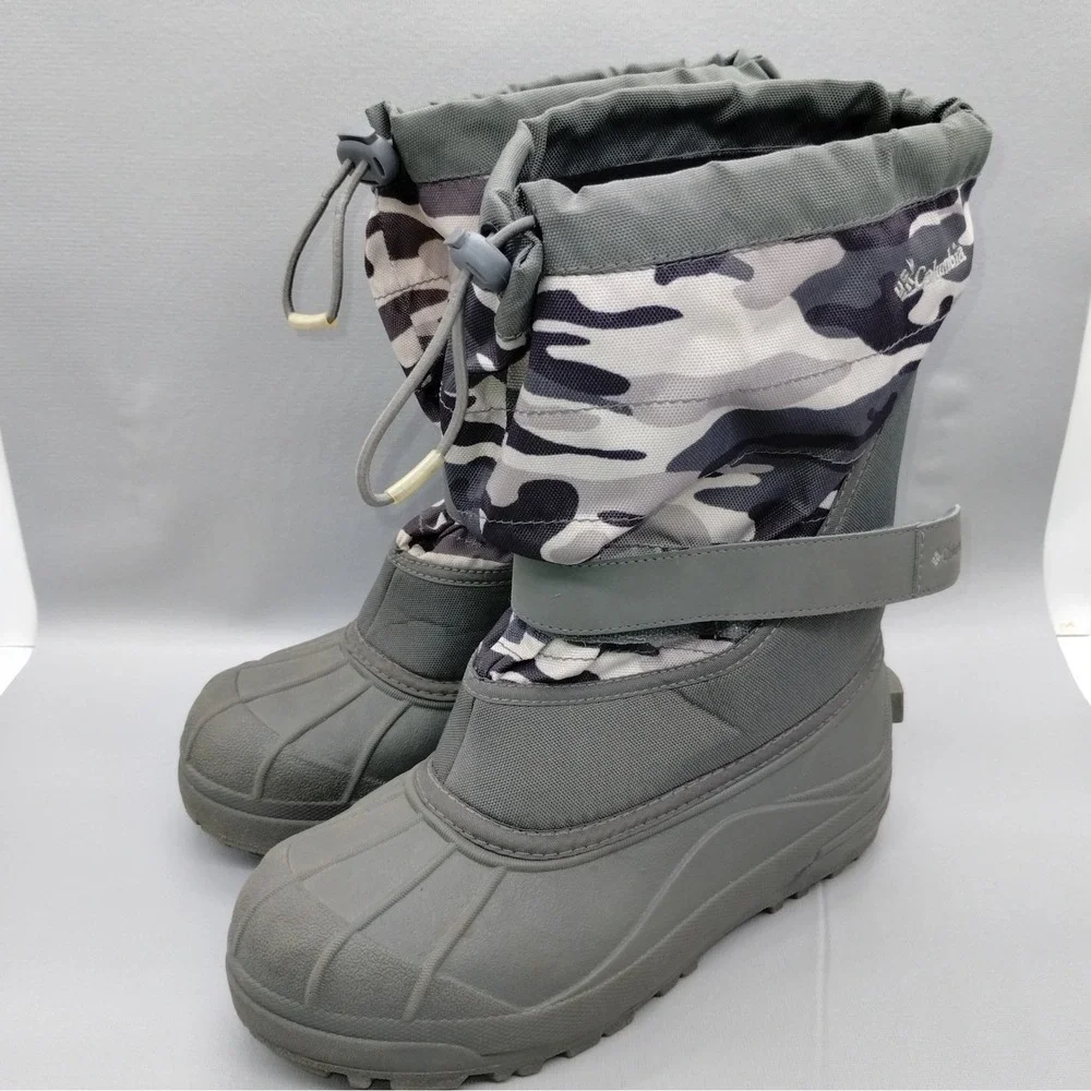 Columbia Powderbug Plus II Kids Snow Boot Gray Camo Waterproof BY1327-033 Size 6
